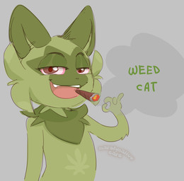 ambiguous_gender anthro anthrofied drugs green_body marijuana pokemorph red_eyes shitpost simple_background smoking solo marshmallow-ears nintendo pokemon weed_cat_(meme) felid feline generation_9_pokemon mammal pokemon_(species) sprigatito digital_media_(artwork) meme sketch