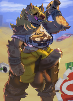 anthro arm_tuft ball_tuft ballhawk balls barbed_wire baseball_bat bat_(object) biceps big_penis blonde_hair bodily_fluids bottomwear bracelet breasts car chest_tuft choker claws cleavage clothed clothing clothing_around_waist cloud curved_penis dripping elbow_tuft finger_claws foreskin genital_fluids genitals gynomorph hair holding_baseball_bat holding_object holding_weapon humanoid_genitalia humanoid_penis intersex jewelry licking licking_lips markings messy_hair necklace off_shoulder partially_retracted_foreskin penis penis_poking_out penis_through_fly precum precum_drip precum_string shirt_around_waist simple_background skull_(marking) sky solo spiked_bat stop_sign studded_bracelet studded_jewelry studs tongue tongue_out topwear torn_bottomwear torn_clothing torn_topwear tuft vehicle weapon wristband jayecho boon_digges hyena mammal spotted_hyena digital_media_(artwork) hi_res