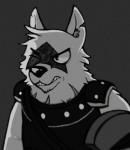 anthro armor scar shield simple_background solo flockpocket quickhatch latchkey_kingdom holden_(ridentem) canid canine fox mammal yuman monochrome