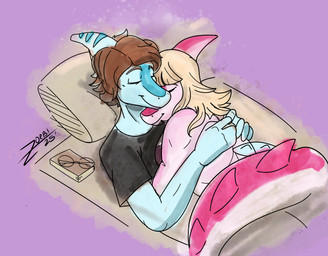 anthro bedding biped black_clothing black_shirt black_topwear blonde_hair blue_body blue_scales book brown_hair canon_couple clothed clothed_anthro clothed_male clothing cuddling duo eyes_closed eyewear female female_on_top fingers glasses hair happy high-angle_view humanoid_hands long_hair long_tail lying male male/female male_on_bottom on_back on_bottom on_top pillow pink_body pink_scales purple_background romantic romantic_couple scales shirt short_hair simple_background smile spiked_tail spikes spikes_(anatomy) tail text topwear under_covers zorbi_(artist) cavemanon_studios i_wani_hug_that_gator benjamin_mcknight mia_moretti dinosaur hadrosaurid ornithischian ornithopod parasaurolophus prehistoric_species reptile scalie artist_name colored