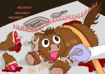 abuse ambiguous_feral ambiguous_gender ambiguous_human animal_abuse baby_talk black_eyes blood blood_from_wound bodily_fluids bone bound brown_body brown_fur brown_tail clothed clothed_human clothing cross_section dialogue duo exposed_muscle feral forceps fur gloves gore handwear medical_instrument missing_leg mostly_offscreen_character mutilation open_mouth purple_clothing purple_gloves purple_handwear raised_tail scalpel scientific_instrument severed_body_part severed_limb shaking solo_focus surgical_instrument tail text trembling wounded young young_ambiguous young_feral brayatansempai fluffy_pony fluffy_pony_(species) human mammal 2023 absurd_res digital_media_(artwork) english_text hi_res