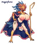 anthro areola big_breasts blue_body blue_feathers bottomwear breasts cape cheek_tuft clothing collar crook egyptian egyptian_clothing facial_tuft feathers female gold_gauntlets gold_greaves half-closed_eyes headdress huge_breasts loincloth markings narrowed_eyes nipples orange_body orange_feathers pink_areola pink_nipples simple_background smile solo spots spotted_body spotted_feathers tan_body tan_feathers tuft white_background yellow_body yellow_skin tragicfame auseti accipitrid accipitriform avian bird hi_res