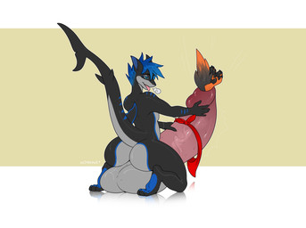 anthro balls big_balls big_penis blue_hair cock_vore duo genitals grey_balls hair hyper long_tail male male/male male_pred non-mammal_balls non-mammal_ears non-mammal_hair penile penis stripes tail vore cmitchell canid canine canis domestic_dog fish mammal marine shark wolf hi_res