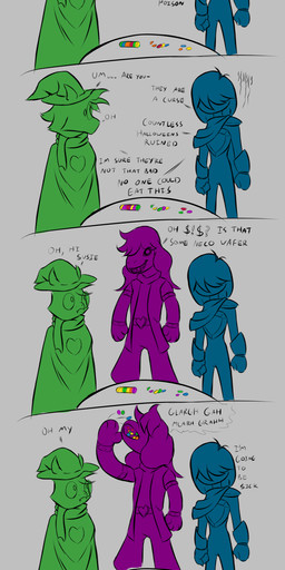 clothed clothing eyewear fur glasses group hair scarf simple_background text thin_thighs trio arashidrgn deltarune undertale_(series) kris_dreemurr ralsei susie_(deltarune) bovid caprine darkner goat human mammal reptile scalie 2018 absurd_res comic english_text hi_res