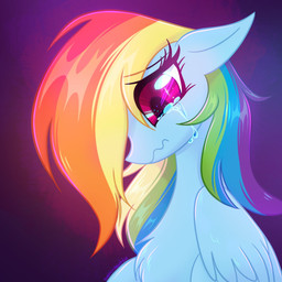 blue_body blue_feathers blue_fur bodily_fluids chest_tuft crying eyebrows eyelashes feathers female feral fur hair looking_down multicolored_hair pink_eyes rainbow_hair sad solo tears tuft wavy_mouth wings qwennondeathdie friendship_is_magic hasbro my_little_pony mythology rainbow_dash_(mlp) equid equine mammal mythological_creature mythological_equine pegasus 1:1 digital_media_(artwork) hi_res signature