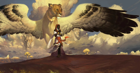 clothing cloud dark_body dark_skin day ear_piercing ear_ring feathered_wings feathers female feral gold_(metal) gold_jewelry group jewelry looking_up mountain outside piercing plant ring_piercing standing tree whiskers white_clothing wings victor_adame_minguez felid human lion mammal pantherine spirit 2014 digital_media_(artwork)