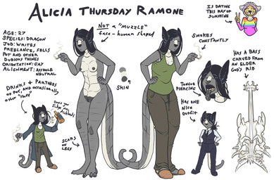 anthro bass_guitar black_hair breasts character_age cigarette clothing collared_shirt duo ear_piercing female genitals green_clothing green_shirt green_tank_top green_topwear grey_body guitar hair leg_scar long_hair marijuana_blunt multiple_angles musical_instrument necktie nipples piercing plucked_string_instrument profanity scar shirt simple_background small_breasts smoking stated_age stated_homosexuality stated_sexuality stated_species string_instrument tank_top teeth text thigh_scar tongue tongue_out tongue_piercing tooth_gap topwear vest vulva white_background white_clothing white_shirt white_topwear yellow_body fenris49 mythology alicia_ramone tracy_drevace dragon mythological_creature mythological_scalie scalie character_name english_text handwritten_text hi_res model_sheet