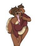 anthro bodily_fluids brown_body brown_fur clothed clothing ear_piercing facial_piercing female female_anthro fur gesture hair hand_gesture looking_at_viewer mouth_shot nose_piercing open_mouth piercing pointing pointing_at_mouth pointing_at_self ponytail saliva solo tail tongue tongue_out loleczeq pearl_(pearl_8u) canid canine canis domestic_dog mammal 3:4 absurd_res colored hi_res