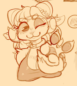 2_horns 4_fingers anthro blep breasts cleavage clothed clothing collar curled_horn female fingers fur gesture hair hand_gesture horizontal_pupils horn looking_at_viewer nipple_outline one_eye_closed orange_background pawpads pupils simple_background solo tongue tongue_out topwear v_sign wink burnbuckie bovid caprine mammal hi_res monochrome