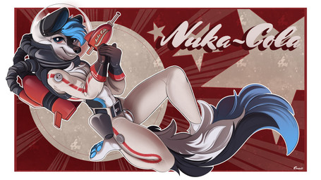 anthro clothed clothing female genitals googie_aesthetic gun holding_gun holding_object holding_ranged_weapon holding_weapon looking_at_viewer nuka-cola pawpads paws ranged_weapon smile solo text tight_clothing vulva weapon conrie fallout microsoft 16:9 4k absurd_res english_text hi_res widescreen
