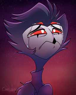 anthro bodily_fluids chest_tuft clothing cosmic_background feathers male mouth_closed multi_eye red_eyes sad shirt sky solo star starry_background starry_sky tears topwear tuft atimon hellaverse helluva_boss stolas_(helluva_boss) avian bird demon 2025 4:5 bust_portrait hi_res portrait signature