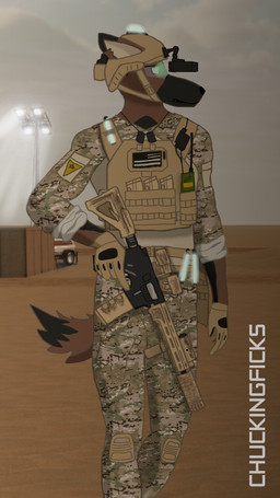 american_flag anthro armor black_body black_fur brown_body brown_fur bulletproof_vest camo clenched_teeth clothing cloud cloudy_sky desert dog_tags electronics eyewear fur glowstick green_light gun headgear helmet inner_ear_fluff knee_pads laser_sight magazine_(gun) male military military_base military_pants military_uniform multicam night_vision_goggles radio ranged_weapon rifle rolled_up_sleeves silencer sky snarling solo special_forces sunglasses sunset tactical_belt tactical_gear tactical_gloves teeth topwear tuft uniform united_states_of_america vest war weapon chuckingficks syrian_civil_war lucas_blackpaw_(chuckingficks) canid canine canis domestic_dog herding_dog malinois_dog mammal pastoral_dog sheepdog 9:16 hi_res shaded
