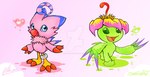 blue_eyes claws duo feathers female flower green_body green_eyes heart_symbol open_mouth pink_body pink_feathers plant purple_claws red_claws semi-anthro sharp_teeth smile standing teeth toe_claws tongue walking cha0zgallant bandai_namco digimon avian biyomon digimon_(species) elemental_creature flora_fauna palmon signature watermark