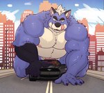 anthro biceps blue_eyes building car duo genitals macro male muscular muscular_anthro muscular_male nipples pecs penis tongue tongue_out vehicle almasy ford ford_mustang delako canid canine canis domestic_dog felid husky lion mammal nordic_sled_dog pantherine spitz