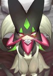 anthro blush breast_curtains breasts condom female fur green_body green_fur heart_symbol kneeling sexual_barrier_device small_breasts solo pecco_occeq nintendo pokemon generation_9_pokemon meowscarada pokemon_(species) absurd_res colored hi_res