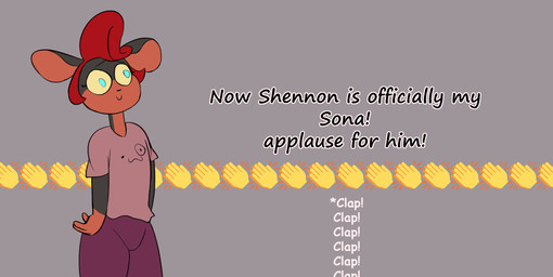 anthro black_body blue_eyes bottomwear clapping clothing hair male pants red_hair shirt smile solo text topwear shannonrat shannon_(jovi_cap) mammal mouse murid murine rodent english_text hi_res