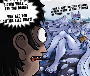 anthro beak biceps biped black_hair blue_eyes breasts chest_tuft claws crossed_legs dark_sclera duo ears_up feet female female_anthro foot_focus fur hair hoot_(sound_effect) horn long_tail male mountain multi_nipple muscular muscular_anthro muscular_female neck_tuft nipples nude nude_female open_beak open_mouth paws pink_paws sitting sky tail talon_hands tan_body tan_skin text text_emphasis tuft white_body white_fur wings winter cosmonaut human mammal english_text hi_res