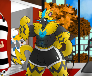 anthro athletic_wear autumn blush clothed clothing exercise gym male male_anthro muscular muscular_anthro muscular_male pose punching_bag solo standing topless topless_anthro topless_male treadmill workout dankbudgie mythology nintendo pokemon budgie_(dankbudgie) fan_character avian bird budgerigar generation_7_pokemon gryphon legendary_pokemon loriinae mythological_avian mythological_creature parakeet parrot pokemon_(species) true_parrot zeraora absurd_res hi_res