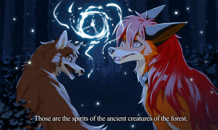 bangs black_eyebrows black_markings black_nose brown_body brown_eyes brown_fur cheek_tuft collar collar_only duo eyebrows facial_tuft fangs female feral feral_with_hair forest fur hair head_tuft long_hair long_snout magic male markings night nude open_mouth orange_body orange_fur plant red_hair snout spirits talking_to_another tan_body tan_fur teeth text tree tuft azzai canid canine fox mammal red_fox true_fox 2018 colored digital_drawing_(artwork) digital_media_(artwork) english_text shaded