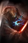 amber_eyes anthro clothed clothing fingers haillu_(anatomy) jagged_teeth lightsaber looking_at_viewer magic male melee_weapon open_mouth red_lightsaber scales sith sith_lord solo teeth weapon landylachs star_wars darth_jar_jar jar_jar_binks alien amphibian gungan otolla_gungan 2021 digital_media_(artwork) digital_painting_(artwork) half-length_portrait portrait