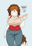 anthro big_breasts black_nose breasts brown_hair clothed clothed_anthro clothed_female clothing dialogue eating female food fur hair hair_over_eyes hot_dog huge_breasts i_love_you multicolored_hair red_hair solo talking_to_viewer teeth text tongue two_tone_hair white_body white_fur akiric costco idiocracy costco_dog_(akiric) canid canine canis domestic_dog mammal molosser mountain_dog saint_bernard english_text