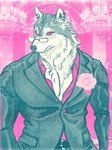 anthro belt belt_buckle buckle clothed clothing ear_piercing eyewear flower glasses looking_at_viewer male multiple_piercings muscular muscular_chest open_clothing open_shirt open_topwear piercing pink_clothing pink_eyes pink_shirt pink_topwear plant rectangular_glasses risograph rose_(flower) shirt solo suit_jacket topwear white_sclera leskylentils canid canine canis mammal wolf hi_res