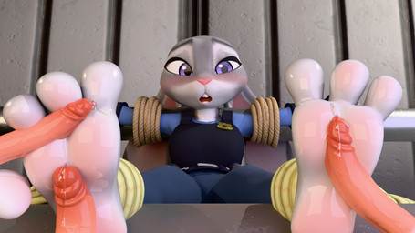 3_toes anthro balls barefoot bdsm big_feet blush bodily_fluids body_blush bondage bound buckteeth captured clothed clothing disembodied_penis dripping feet female flustered foot_blush foot_fetish foot_focus foot_play footjob genital_fluids genitals group humanoid_genitalia humanoid_penis lightened_soles male metal_pipe oily_feet penile penis police police_badge police_uniform precum precum_drip restrained restraints rope rope_bondage sex soles solo_focus teeth toes uniform twintails3d disney zootopia judy_hopps lagomorph leporid mammal rabbit 16:9 3d_(artwork) 4k absurd_res digital_media_(artwork) hi_res widescreen