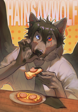 anthro black_hair black_necktie black_nose black_wings blue_eyes clothed clothing dotted_background eating facial_scar feathered_wings feathers food front_view fur grey_body grey_fur hair heterochromia holding_food holding_object male male_anthro messy_hair necktie pattern_background red_eyes scar short_hair simple_background solo topwear whiskers white_clothing white_topwear wings justkiddinb canid canine mammal hi_res