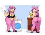 aged_up anthro appliance apron apron_only big_breasts big_butt bikini bikini_top breasts bubble_butt butt cigarette clothing female fur furniture green_eyes hair heart_symbol hearts_around_head laundry_machine looking_at_viewer looking_back mature_anthro mature_female mostly_nude pink_body pink_fur pink_hair short_hair simple_background slightly_chubby slightly_chubby_anthro slightly_chubby_female smoking smoking_cigarette solo swimwear table text thick_thighs two-piece_swimsuit washing_dishes washing_machine wide_hips laranxart sega sonic_the_hedgehog_(series) amy_rose sonic_the_hedgehog eulipotyphlan hedgehog mammal absurd_res hi_res