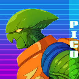 armor empty_eyes gradient_background green_body male side_view simple_background solo text yellow_eyes toastiepumpkin f-zero nintendo pico_(f-zero) alien 1:1 hi_res