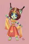 anthro biped blue_eyes brown_hair chibi circlet clothing dress egyptian egyptian_clothing egyptian_headdress female hair headdress headgear headwear jewelry kalasiris looking_at_viewer necklace seshed_circlet short_hair solo standing uraeus usekh thumbclawz vivi_(malis) felid feline lynx mammal