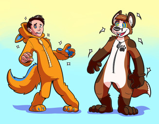 3_toes 4_toes 5_fingers anthro black_hair black_nose blue_claws claws clothed clothing costume duo feet fingers fursuit gradient gradient_background hair hypnosis kigurumi male mind_control onesie open_mouth pawpads paws permanent permanent_transformation simple_background smile spiral spiral_eyes standing suit_transformation toes transformation zipper myoti dustyfoxy leonthefox canid canine fox human hybrid mammal mustelid otter 2015 digital_drawing_(artwork) digital_media_(artwork) hi_res story_at_source