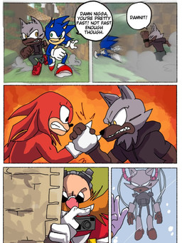 arm_wrestling blue_body blue_fur camera clenched_teeth clothing dark_body dark_skin eyewear facial_hair fur glasses green_eyes grey_body grey_fur jacket machine mustache racial_slur red_body red_fur running teeth text topwear yellow_eyes scarfman dog_ningen sega sonic_the_hedgehog_(series) dr._eggman knuckles_the_echidna rex_(dog_ningen) sonic_the_hedgehog animal_humanoid canid canine canis echidna eulipotyphlan hedgehog human humanoid mammal monotreme robot wolf 3:4 comic english_text hi_res