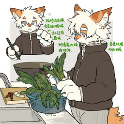 anthro blue_eyes clothed clothing eyebrows fur hair inner_ear_fluff kemono male orange_body orange_fur solo tail text tuft white_hair milkybot hu_ku_li_(milkybot) domestic_cat felid feline felis mammal 1:1 chinese_text translated