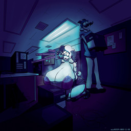 3_fingers anthro big_breasts bodily_fluids bottomwear breasts cleavage clothed clothing collar computer curvy_figure dark_room dialogue duo electronics facial_piercing female fingers fluorescent_light front_view furniture hair hand_on_floor holding_object horn hourglass_figure huge_breasts inside kneeling long_hair looking_at_another machine male musk nose_piercing nose_ring office open_mouth pants piercing pink_hair purple_clothing ring_piercing septum_piercing septum_ring shirt standing sweat sweaty_breasts sweaty_face t-shirt table tail text thick_thighs tongue topwear white_body sub.rozea rozea tero_(sub.rozea) android bovid caprine goat mammal robot 1:1 2025 absurd_res artist_name dated digital_drawing_(artwork) digital_media_(artwork) english_text hi_res