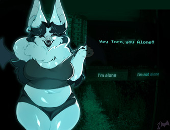 anthro back_wings black_hair blue_body blue_fur bra cheek_tuft clothing dialogue ear_piercing ear_ring facial_tuft fangs female fur hair membrane_(anatomy) membranous_wings neck_tuft open_mouth open_smile panties piercing ring_piercing slightly_chubby slightly_chubby_anthro slightly_chubby_female smile solo teeth text tuft underwear wings zeo_(artist) no_i'm_not_a_human bat mammal absurd_res english_text hi_res
