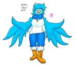 anthro beak blue_body blue_bottomwear blue_clothing blue_feathers blue_hair blue_pants boots bottomwear breasts clothed clothing dialogue exclamation_point extended_arms eyelashes eyes_closed feathers female footwear hair heart_symbol inviting non-mammal_breasts offering_hug open_mouth open_smile pants shoes simple_background smile snow_boots solo text topwear white_background white_clothing white_topwear claire_deloon undertale_yellow martlet_(undertale_yellow) avian bird 2024 digital_drawing_(artwork) digital_media_(artwork) english_text hi_res