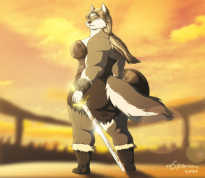 5_fingers amazon anthro armor big_breasts black_nose boots bracers breasts butt clothed clothing crown female fingers footwear fur fur_trim_(clothing) grey_body grey_fur hair headgear holding_melee_weapon holding_object holding_sword holding_weapon lens_flare looking_back melee_weapon multicolored_body multicolored_fur muscular muscular_anthro muscular_female ponytail rear_view shield shoes side_boob solo standing sword tiara two_tone_body two_tone_fur weapon white_body white_fur xxsparcoxx colosa_(xxsparcoxx) canid canine canis mammal wolf 2020 digital_media_(artwork) signature