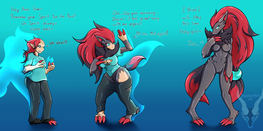 anthro big_breasts black_body black_fur blonde_hair body_size_growth breast_growth breasts claw_growth claws clothed clothing confusion dialogue duo female finger_claws forced forced_transformation fur fur_growth gender_transformation genitals growth hair hair_growth human_to_anthro long_hair male mtf_transformation nude pokemon_speak possession red_hair size_transformation species_transformation standing tail tail_growth text three_frame_sequence toe_claws torn_clothing transformation transformation_sequence uncomfortable vulva dexterthederg nintendo pokemon canid generation_5_pokemon human mammal pokemon_(species) spirit zoroark colored english_description english_text hi_res sequence story story_in_description