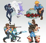 absurd_res aiming ambiguous_gender anthro armor beverage blue_body blue_clothing boots bottle bottomwear brandophobia clothing container crossover crouching cup demoman_(team_fortress_2) drinking duo engineer_(team_fortress_2) eye_patch eyewear feral footwear forretress generation_2_pokemon generation_3_pokemon generation_8_pokemon gloves goggles grenade_belt group gun hair handwear hard_hat headgear helmet hi_res hisuian_form hisuian_zoroark human inteleon knee_pads kneeling knife larger_human male mammal mask necktie nintendo overalls pants pokemon pokemon_(species) purple_hair ranged_weapon regional_form_(pokemon) rifle scope shoes simple_background size_difference smaller_anthro sniper_(team_fortress_2) sniper_rifle spinda spiral_eyes spy_(team_fortress_2) standing suit tail team_fortress_2 topwear toy toy_gun valve vest water_gun weapon white_background