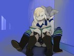 4:3 anthro book boots canid canine canis clothed clothing crossdressing ears_back footwear geno28_(artist) hair head_on_shoulder hi_res lagomorph leporid long_ears male male/male mammal panties pivoted_ears prince_kanin_(geno28) rabbit reading school shin_megami_tensei:_if... simple_background solo studying tagme the_prince_(trick_moon) underwear upskirt watermark wolf
