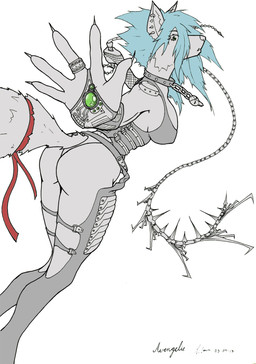 5_fingers anthro armor belt breasts butt chain clothed clothing collar female fingers nails pose ring solo spikes technology whip dragonnetstorm tech canid canine canis mammal wolf hi_res pinup