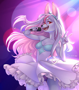 5_fingers anthro clothed clothing dress electronics female fingers fur hair japanese_idol long_hair microphone open_mouth pink_hair 0strolist brand_new_animal studio_trigger nazuna_hiwatashi canid canine fox mammal 2020 signature