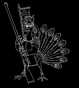 anthro armor banner clothing eyewear feathers goggles gun headgear helmet male musket ranged_weapon solo tail text weapon lairuskrokas avian bird galliform peafowl phasianid absurd_res black_and_white hi_res monochrome