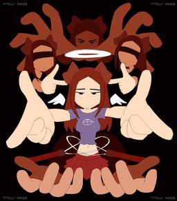 brown_hair clothing crop_top female finger_gun gesture hair halo hand_gesture midriff pointing shirt solo topwear hitsujigoods vhs_inumoto animal_humanoid canid canid_humanoid canine canine_humanoid dog_humanoid humanoid mammal mammal_humanoid 2022 hi_res