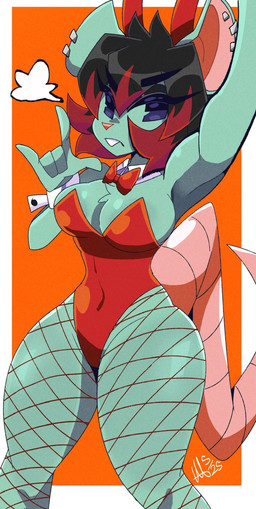 5_fingers anthro big_ears black_hair bow_tie breasts chest_tuft clothed clothed_anthro clothed_female clothing ear_piercing female female_anthro fingers fishnet_clothing fishnet_legwear front_view hair highlights_(coloring) legwear leotard medium_breasts navel_outline piercing pink_tail red_bow_tie red_clothing red_highlights red_leotard small_waist solo tail thick_thighs tuft wide_hips kiwisharku mina_mouse mammal rodent 2025 dated digital_drawing_(artwork) digital_media_(artwork) english_description hi_res portrait three-quarter_portrait