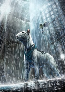 ambiguous_gender duo feral flying paws raining standing wolfroad avian bird bull_terrier canid canine canis domestic_dog hunting_dog mammal terrier 2015 absurd_res digital_media_(artwork) hi_res
