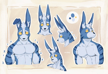 anthro biceps blue_body blue_countershading blue_hair blue_inner_ear blue_inner_ear_fluff blue_markings blue_stripes bodily_fluids color_swatch countershade_arms countershade_face countershade_torso countershading dot_pupils eye_markings front_view furrowed_eyebrows hair head_tilt inner_ear_fluff looking_aside looking_at_viewer male markings mouth_closed multicolored_body multiple_angles muscular muscular_anthro muscular_male nervous nervous_sweat nude nude_anthro nude_male number pecs side_view simple_background snout solo striped_arms striped_neck stripes sweat sweaty_face tan_background text tuft two_tone_body yellow_eyes kuromonsart kuro_(kuromonsart) lagomorph leporid mammal rabbit 2024 absurd_res artist_name digital_drawing_(artwork) digital_media_(artwork) english_text half-length_portrait headshot_portrait hi_res portrait