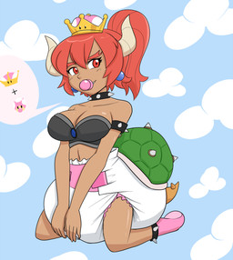 booties bracelet cloud collar crown diaper ear_piercing ear_ring female hair hand_on_diaper headgear horn jewelry object_in_mouth pacifier pacifier_in_mouth piercing red_eyes red_hair ring_piercing sharp_teeth shell sitting solo speech_bubble spiked_bracelet spiked_collar spiked_shell spiked_tail spikes spikes_(anatomy) super_crown tail tan_body teeth touching_diaper rinonno bowsette_meme mario_bros nintendo bowser koopa scalie hi_res meme