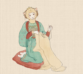anthro clothing ears_up eyebrows eyelashes footwear fur horn kneeling kneeling_on_ground male rug sewing sewing_needle socks solo white_body white_fur white_wool wool_(fur) reynard_goodfellow reynard_the_baa bovid caprine mammal sheep